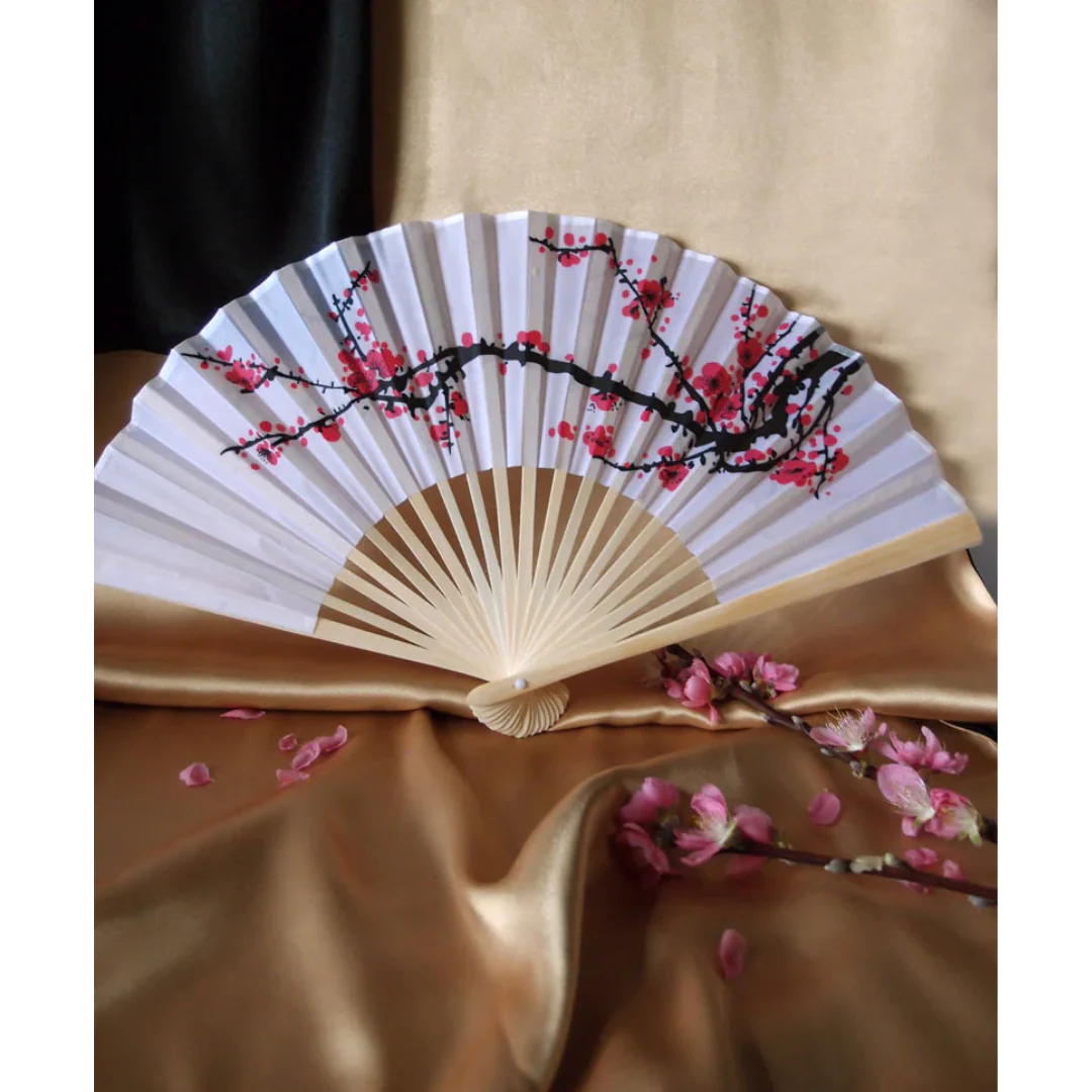 Cherry Blossom Design Fabric Folding Fan - 9" - Image 2