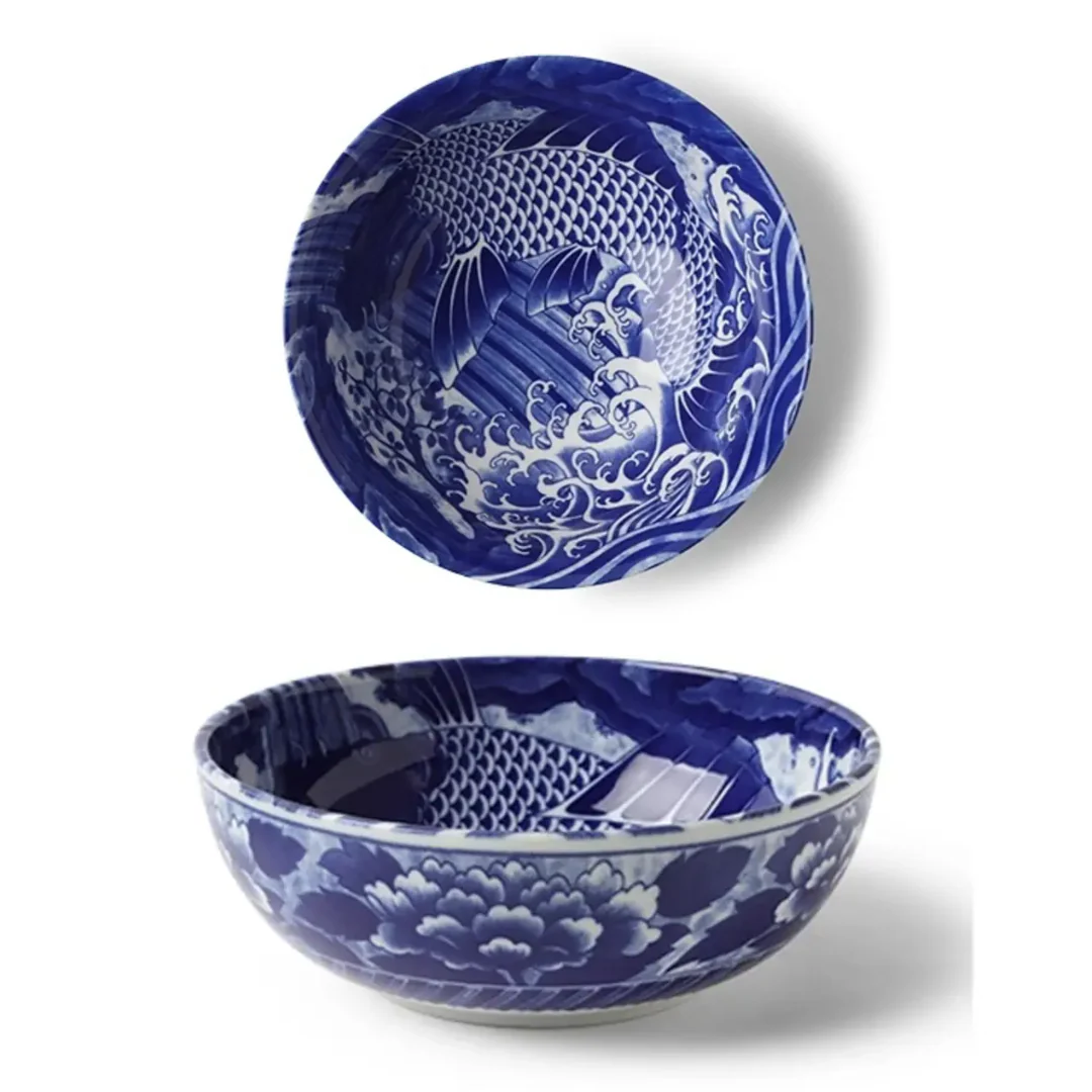 Cobalt Blue Ko-Imari Carp Design Ceramic Bowl Series - Image 3