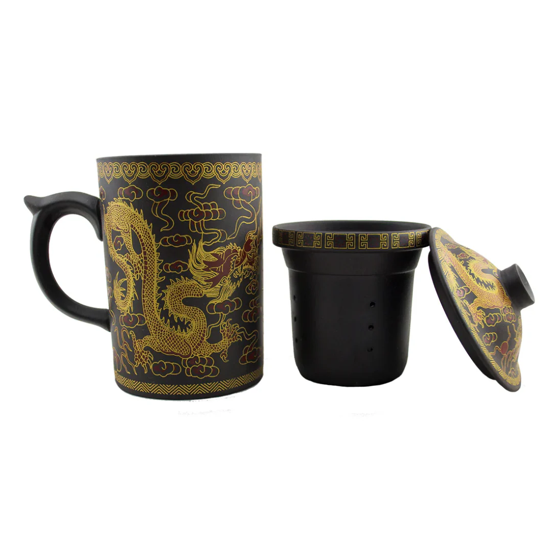 Gold Dragon Design Terracotta Mug with Infuser - Image 3