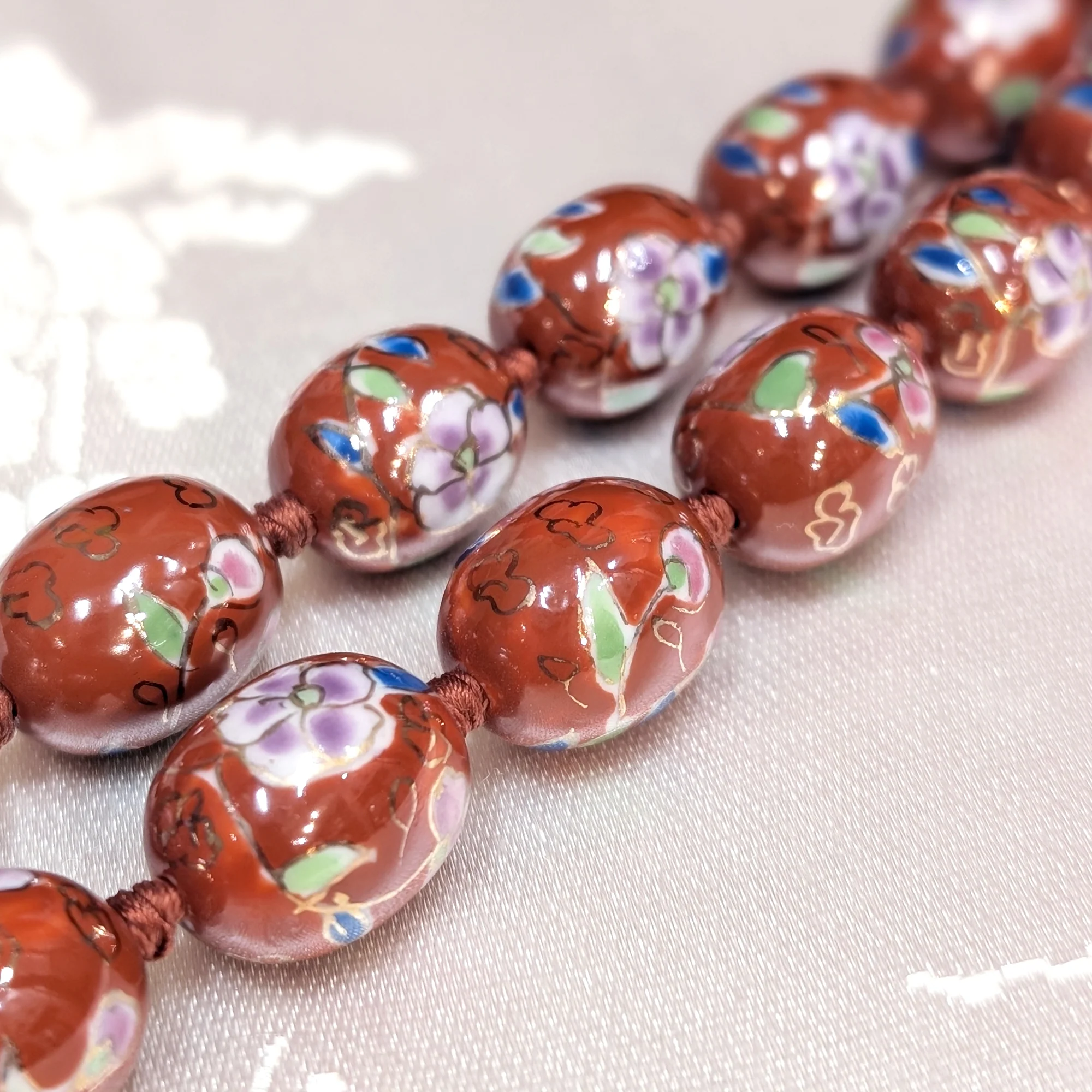 Oval Cloisonne-Design Porcelain Necklace with Lotus Design (Various Colors) - Image 9
