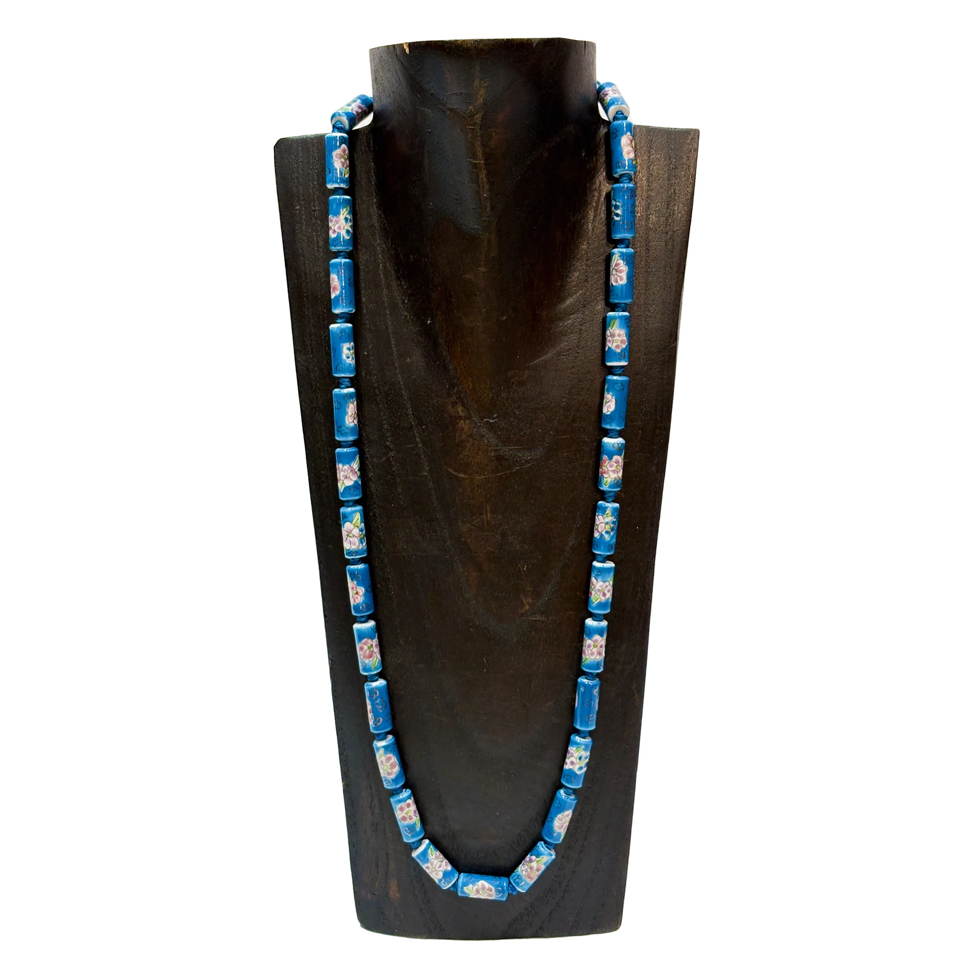 Tube-Shaped Cloisonne-Design Porcelain Necklace with Lotus Pattern (Various Colors) - Image 2