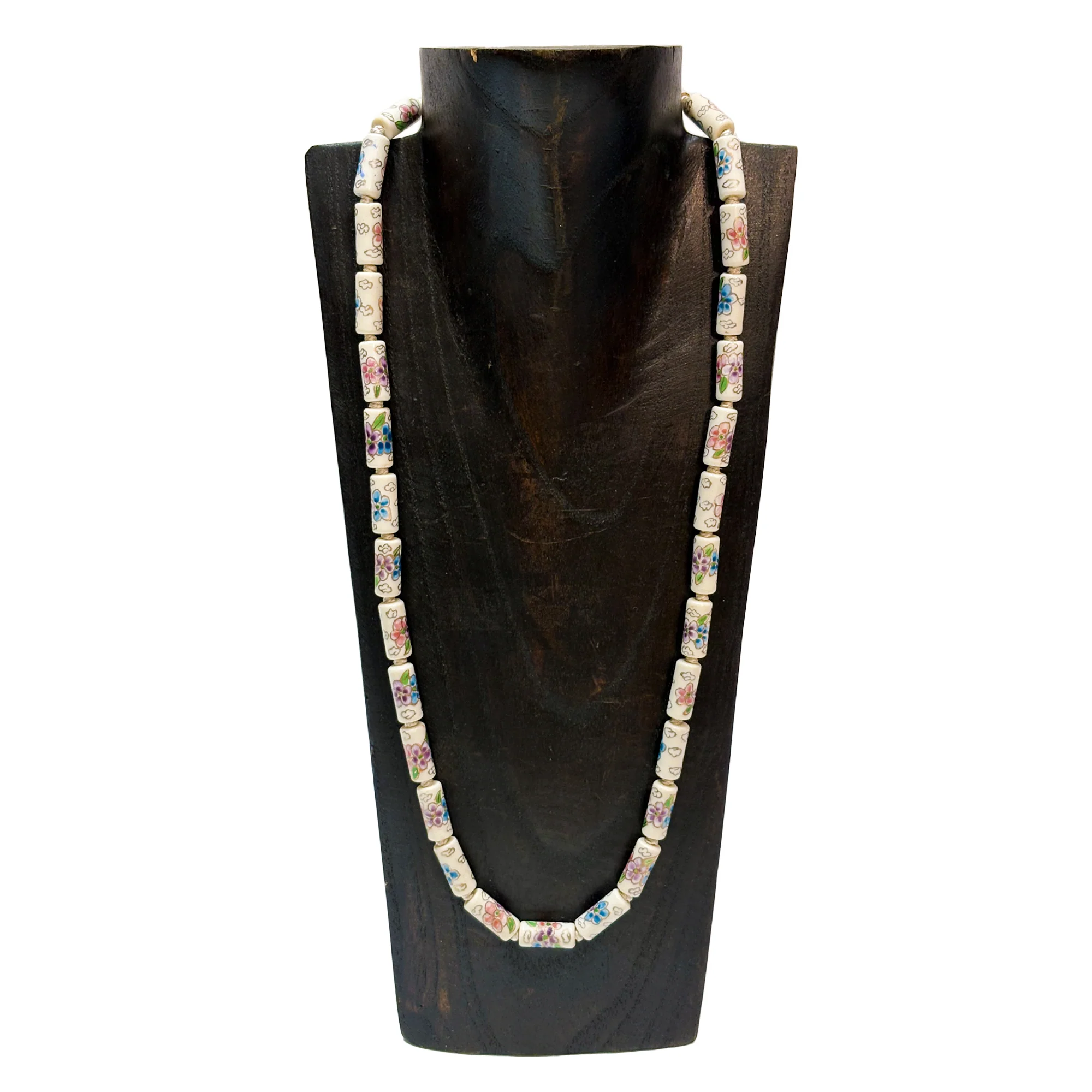 Tube-Shaped Cloisonne-Design Porcelain Necklace with Lotus Pattern (Various Colors) - Image 4