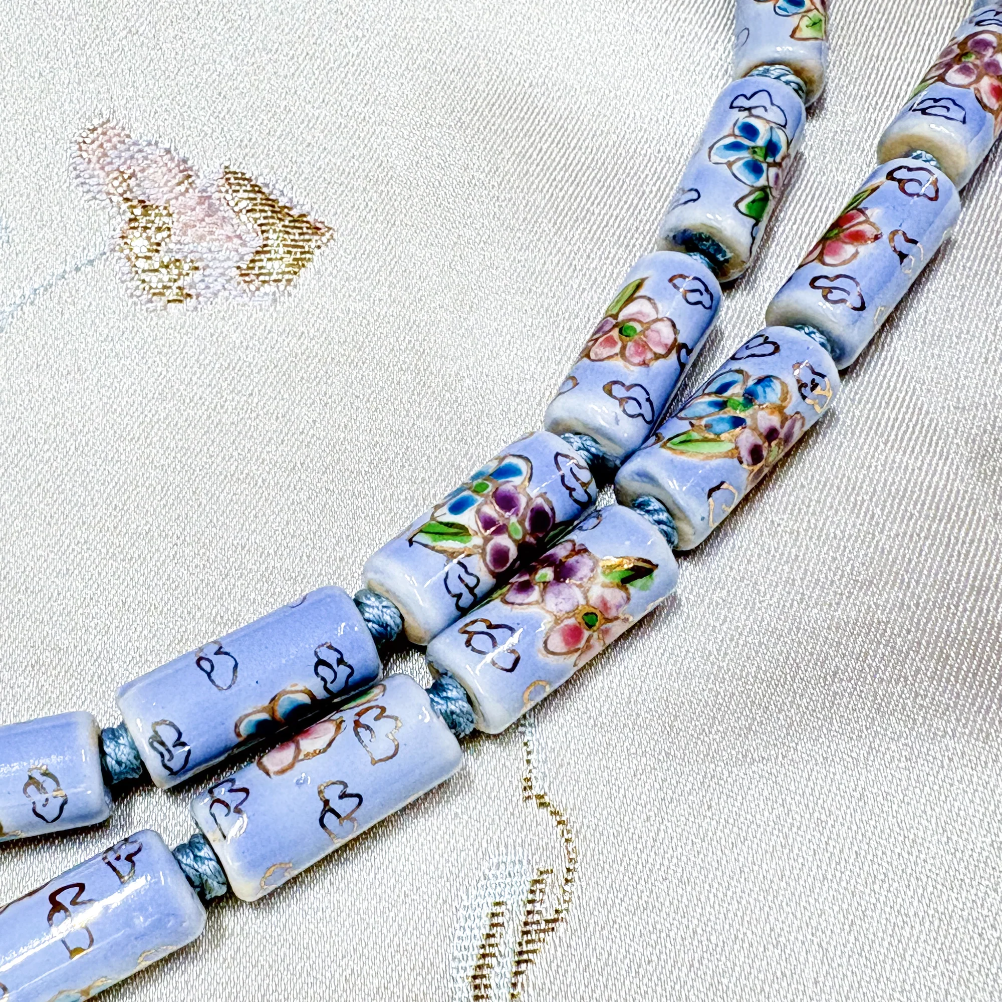 Tube-Shaped Cloisonne-Design Porcelain Necklace with Lotus Pattern (Various Colors) - Image 7