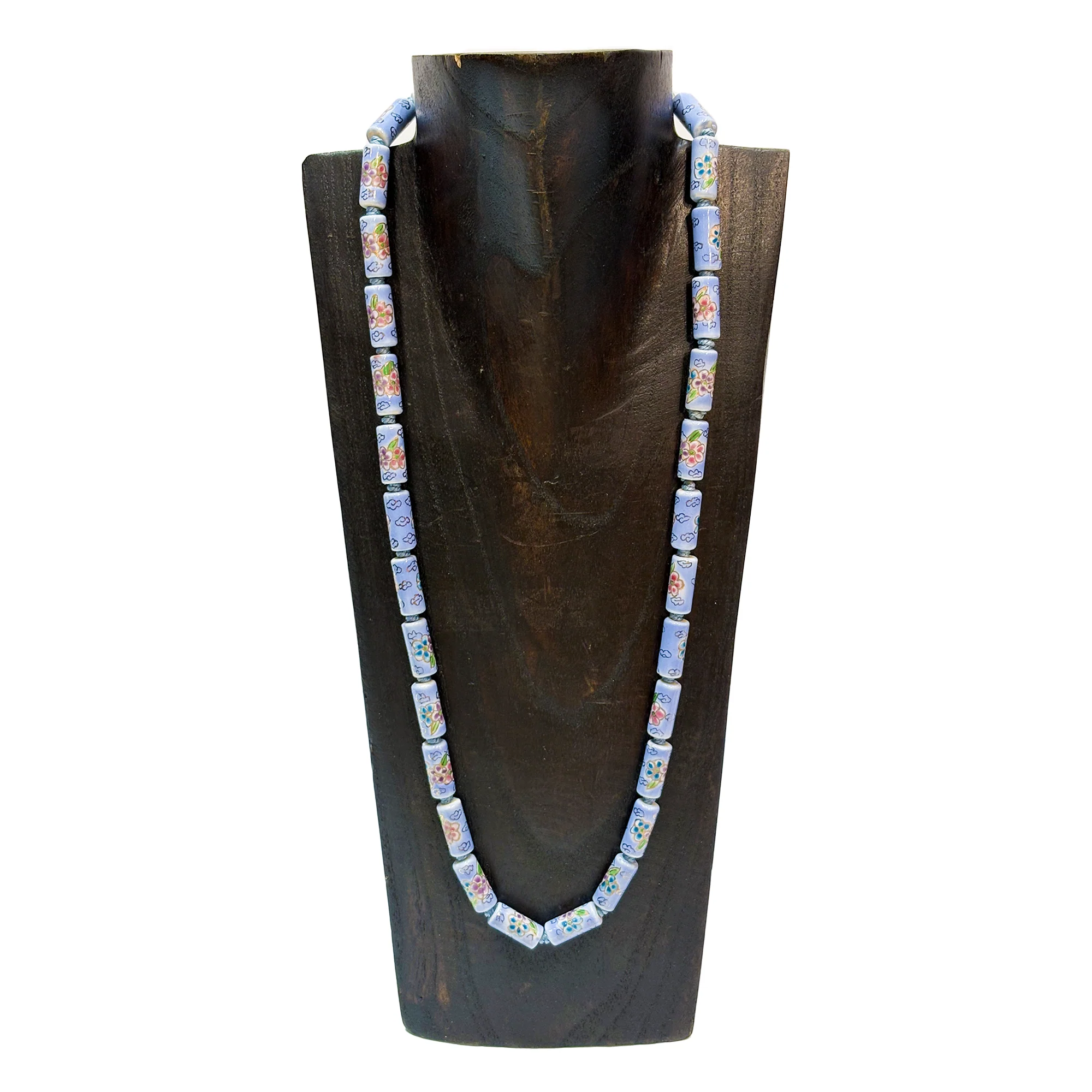 Tube-Shaped Cloisonne-Design Porcelain Necklace with Lotus Pattern (Various Colors) - Image 8