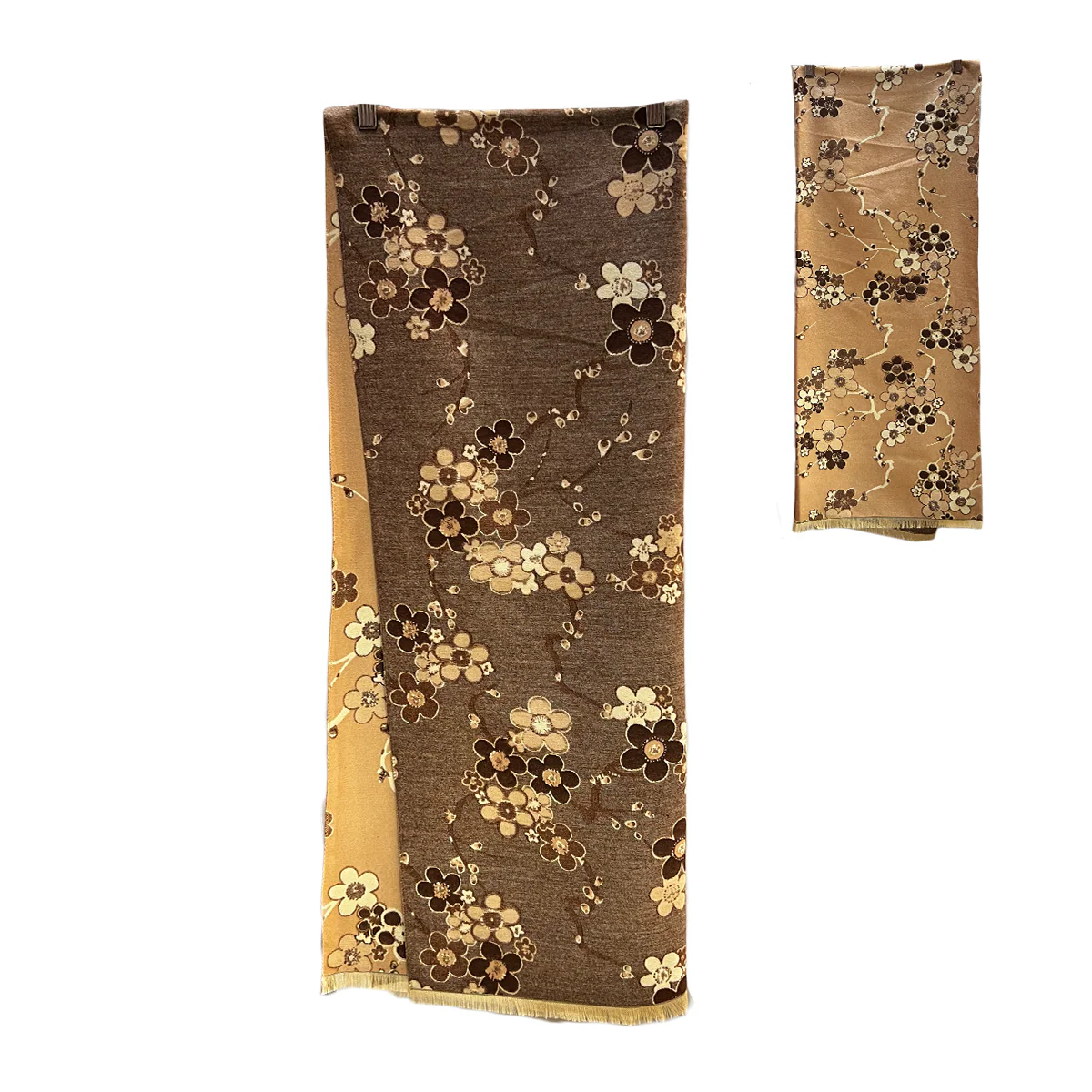 Woven Shawl with Flowers - Coffee - Image 2