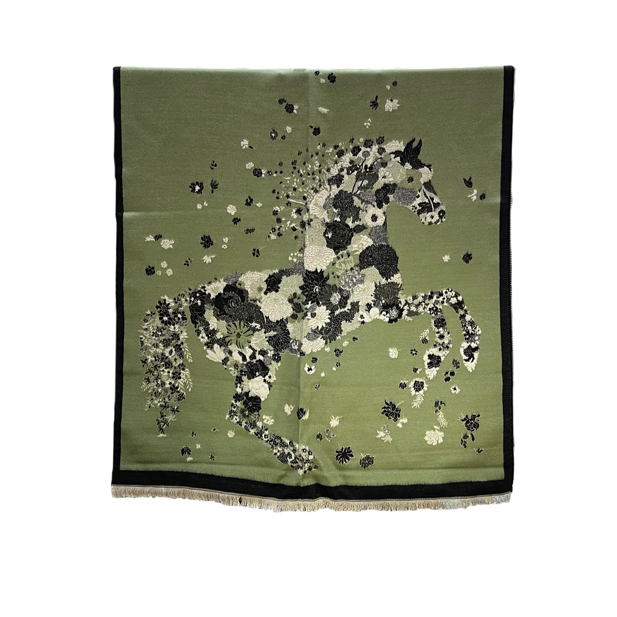 Woven Shawl with Flower Horse - Sage - Image 2